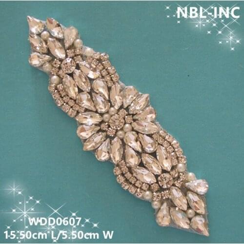 30PCS) Wholesale hand beaded sewing silver clear crystal rhinestone applique iron on for wedding dresses DIY sash WDD0607