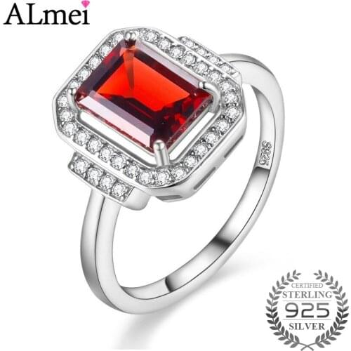 Almei Garnet Rectangle Silver 925 Princess Cut Rings Gemstone Fine Jewelry for Women Birthday Gifts with Box 40% FJ008