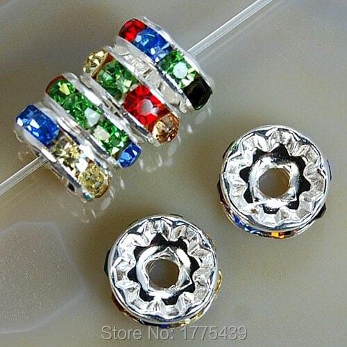 Free Shipping 100Pcs 10MM Metal Multi Color silver Plated Crystal Rhinestone Rondelle Spacer Beads For Jewelry Making Craft DIY