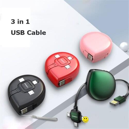 Portable USB Cable 3 in 1 Folding Telescopic Data Cable Micro USB Type C Cable Charging Line 3A Fast Charge for iPhone Android