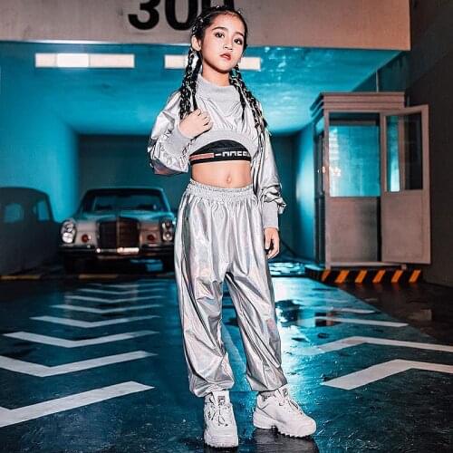 Jazz Costumes Girls Silver Long Sleeve Top Pants Street Dancing Clothes Cheerleader Hip Hop Set Kids Performance danceWear suit
