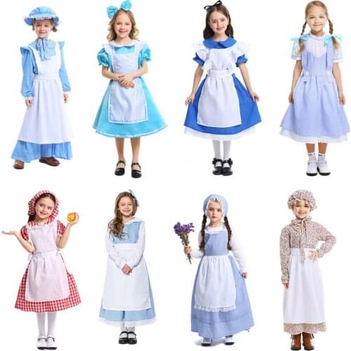 Halloween Teen & Kid Girls Beauty & Beast Belle Princess Alice Maid Costume White Blue Maid Apron Dress Fancy Uniform For Child
