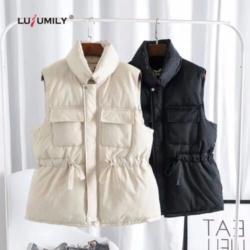 Lusumily Women Vest Winter White Black Waistcoat Newest Female Short Sleeveless Jackets Casual Vest Sleeveless Parkas Outerwear
