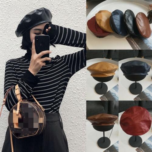 New Beret Cap Fashion Women Casual PU Leather Beret Hat For Women Autumn Winter Retro Beanie Caps Hot