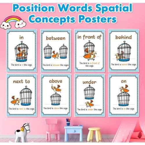 8 Pcs/set Position Words Spatial Concepts Posters Homeschool Supplies Educational Classroom School Decoration Poster flash cart