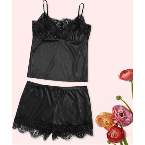 Sexy Lingerie Womens Pajamas Prant Set Plus Size Lace Summer V Neck Sleeveless Home Sleepwear Pyjama Pour Femme Drop Shipping