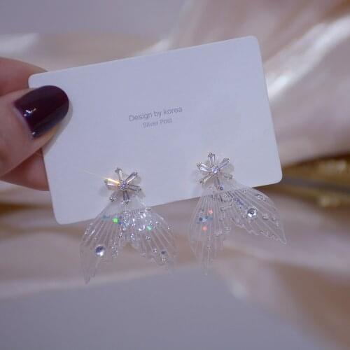 S925 Silver Needle Petal Fishtail Design Acrylic Flash Diamond Exquisite Back Hanging Earrings Ladies Banquet Wearing Jewelry