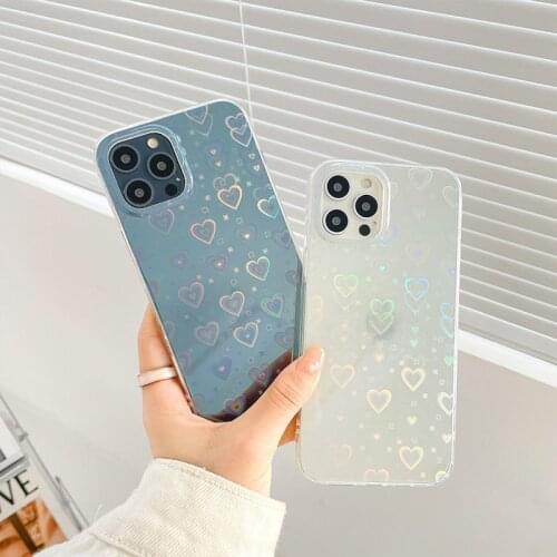 High Quality Summer Rainbow Laser Heart Soft Silicon Phone Case For iPhone 12 Pro Max 7 8 Plus X XS XR 11 SE Mini Aurora Cover