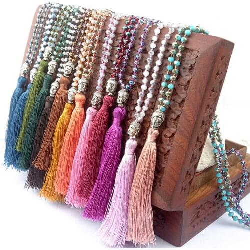 Vintage Bohemian Tassel Pendant Necklace 4MM Glass Beads Knotted Long Chain Charms Tassels Necklace For Women Jewelry Girls Gift