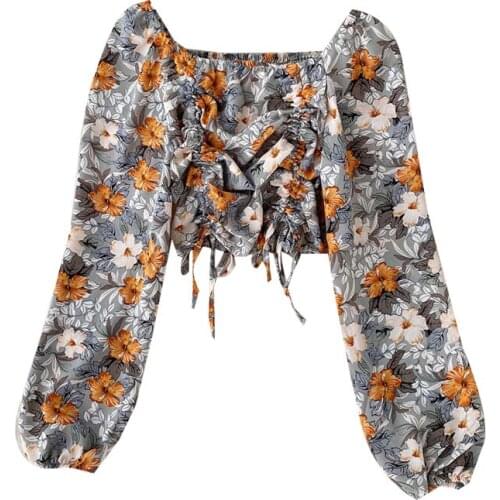 Cropped Top Femme 2020 New Spring Women Blouse Chiffon Floral Full Sleeves Floral Slash Neck Lantern Wrinkle Short Shirts Camisa