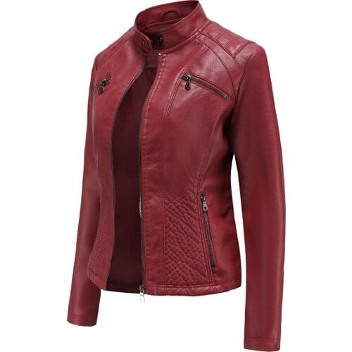 2021 New Stand Collar Fall Leather Jacket Women Elegant Fashion PU Coat Red Black Purple Outwear