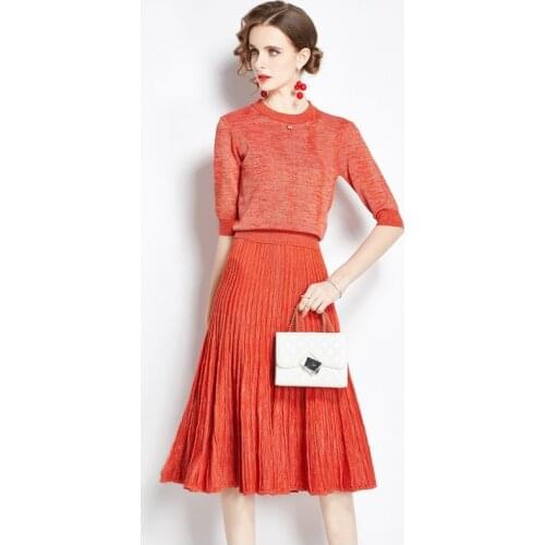 Spring Autumn New OL Work Wear Casual 2 Pieces Set Women Three Quarter Sleeve Knit Jumper Tops &A Line Pleated Skirt Suit