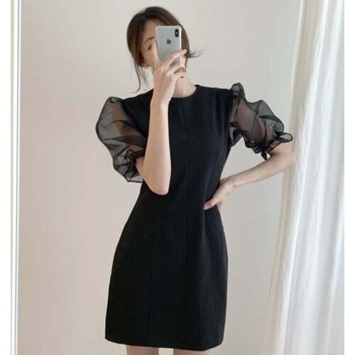 Summer Office Lady Retro Chic Korean Slim O Neck Flare Short Sleeve Dresses Black Women Fashion Organza Patchwork Chiffon Dress