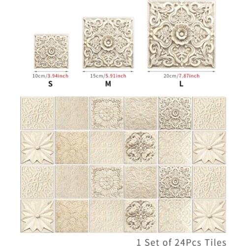 066E 24pcs Carved Art Peel Stick Wall Sticky Backsplash Floor Stair Stickers Waterproof Removable Tile Decals for Bathroom