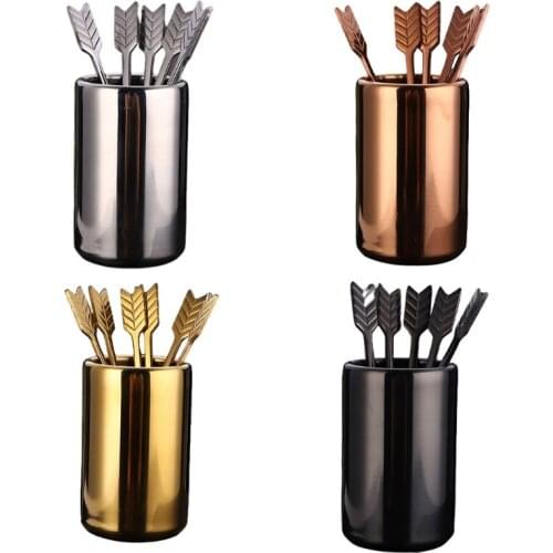 5pcs Stainless Steel Cocktail Fruit Picks Arrow Shaped with 1pc Small Bucket Set for Fruit Cake Dessert Party Bar Home OfficeUse
