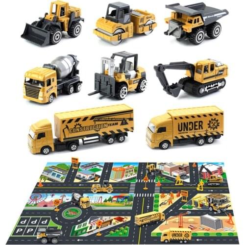 8Pcs Mini Construction Truck Car Models Road Sign City Map Carpet Kids Toy Set