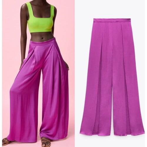 TRAF Summer 2021 Za Wide Leg Pants For Women Purple Satin High Waist Woman Trousers Ruched Streetwear Casual Loose Pants