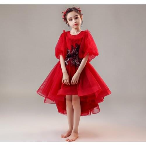 Flower Girl Dresses Tiered Lace Tulle Princess Ball Gown O-Neck Embroidery Pearls Sequined Red Knee-Length Kids Party Dress D175