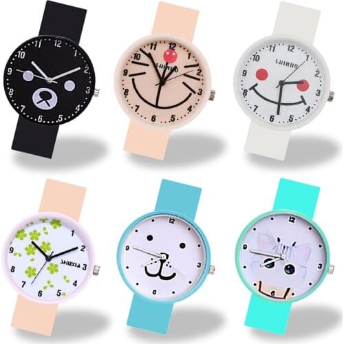 Alloy Cartoon Dial Children Watch Black/white/pink/blue/green Silicone Strap Students Watch Kids Wrist Watches Women Gift Clock