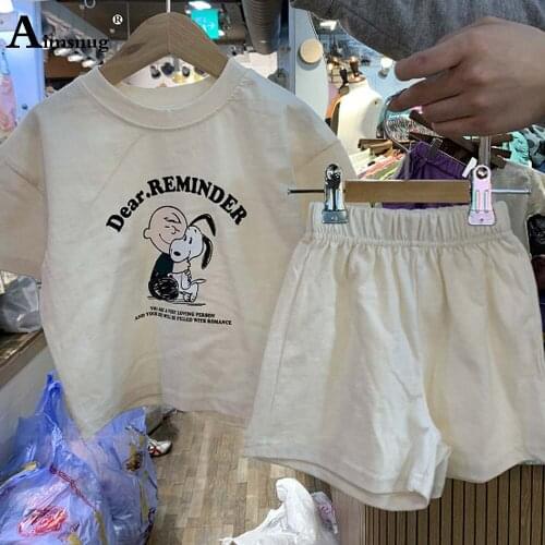 Children Two Pieces Set Unisex Boys Girls 2PCS Outfits Cartoons Letter Print Top Pullovers and Loose Shorts Kids Clothing 2021