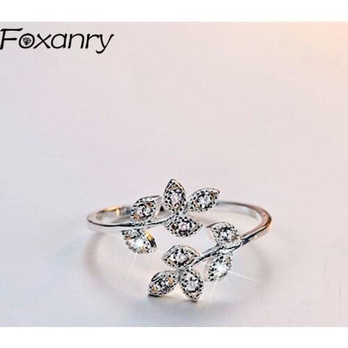 Foxanry 925 Sterling Silver Sparkling Zircon Rings for Women New Fashion Simple Leaves Elegant Wedding Bride Jewelry Gifts
