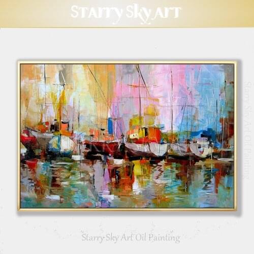 Artist Hand-painted Rich Colors Abstract Oil Painting on Canvas Beautiful Pop Art Abstract Boats Oil Painting for Living Room