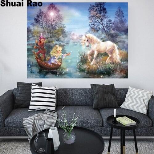 Boat cartoon boy girl Unicorns Lake 5d diamond painting full square round diamond embroidery landscape for 2020 New arrivals