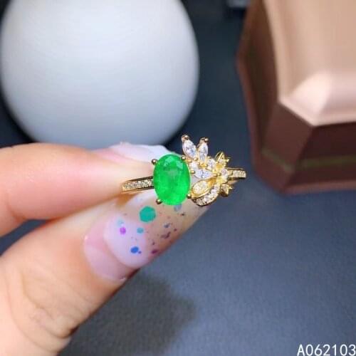 KJJEAXCMY fine jewelry 925 sterling silver inlaid natural emerald Womens fashion vintage plant adjustable gem ring support test