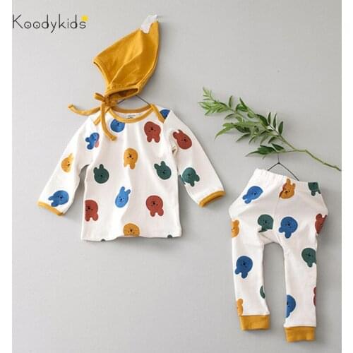 Koodykids 2021 Spring Baby Boy Girl Clothes Set Toddler Soft Cotton Clothing Hat 3PCS Bear Print Sleeping Baby Pajama Set Autumn