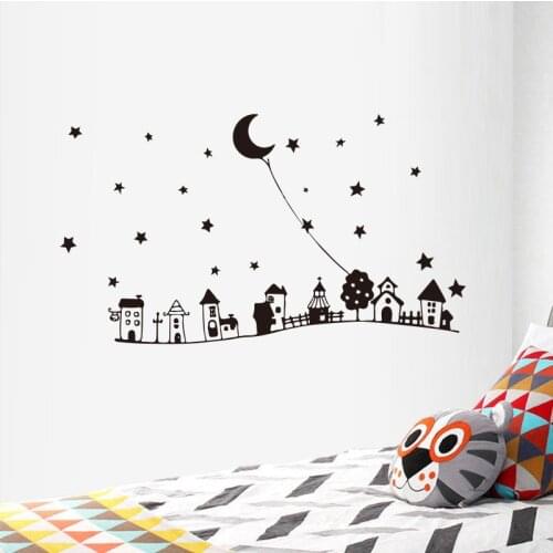 Creative Cartoon Starry Night Moon Town Childrens Room Decoration Wall Stickers Bedroom Living Room Wall Decor Wallpaper