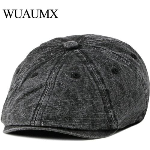 Wuaumx Retro Summer Berets Hat Men Eight-blade Newsboy Cap Women Painter Visors Herringbone Cap Washed Cotton Duckbill Flat Caps