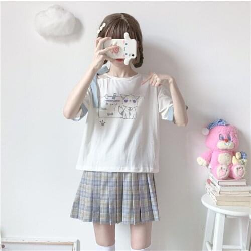 Kawaii Soft Girl Short-Sleeved T-Shirt Womens Bow Cartoon Printing Top Female Summer Cute Japanese Style All-Match Clothing