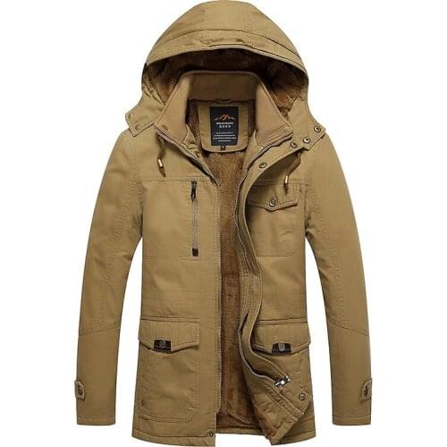 Casual Cotton Men Jackets Plus Velvet Thickened Outerwear Classic Fashion Standing Collar Hooded Jacket Mid-long Warm Clothing