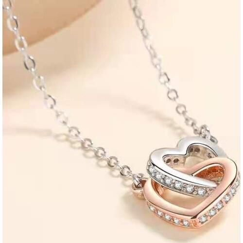S925 silver heart to heart double ring necklace contracted pendant collarbone chain Valentines Day silver ornaments wholesale