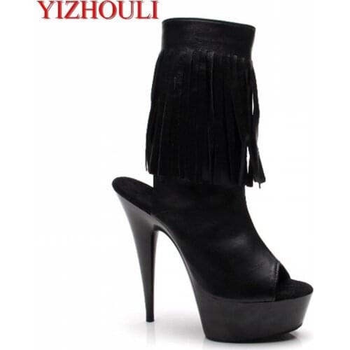 Sexy fringe decoration, 15 cm high heel ankle boots, club model pole dancing performance, dancing shoes