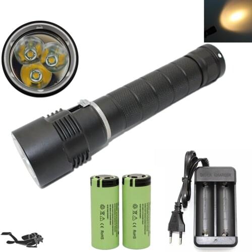 Underwater Hunting Light White/Yellow Lights Diving Flashlight Waterproof Lamp Portable Fishing Torch + 26650 Battery + Charger