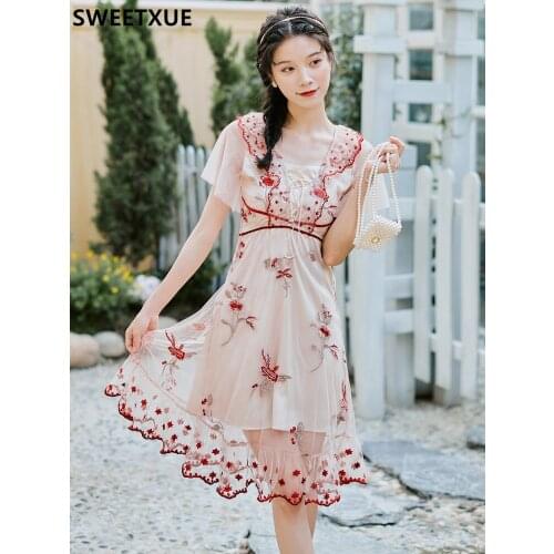 SWEETXUE Retro French Embroidered Super Fairy Dress Lolita Style Women Princess Kawaii Female Sexy Mesh Party SunDress Fashion