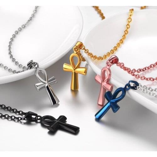 U7 Blue/Pink/ Black / Gold/Steel Color Cross Key of the Nile Pendant Necklace Ankh Egyptian Jewelry P2406G
