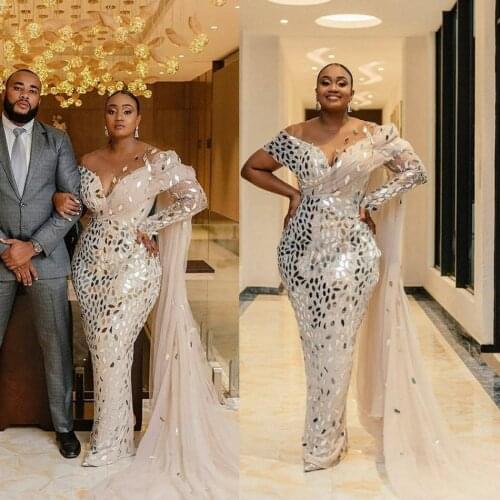 Gorgeous Sparkly Wedding Dresses Plus Size Appliques Mermaid Bridal Dress African Princess Full Sleeve Country Vestidos De Novia