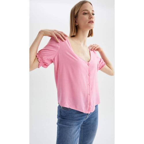 DeFacto Summer Woman Blouses Regular Fit V Neck Short Sleeve Blouse Regular Fit V Neck Casual Female Fashion-U4386AZ21SM