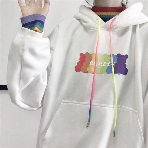 Harajuku Japan Sweatshirt Women Clothes Autumn Rainbow Print Hoodies Long Sleeve Loose White Winter Hoodie Streetwear Females