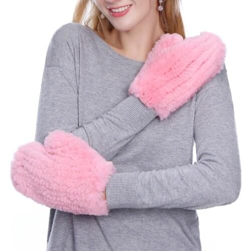 Womens Real Genuine Knitted Rex Rabbit Fur Mittens Lady Winter Hand-Woven Gloves Warm Wrist 11Colors