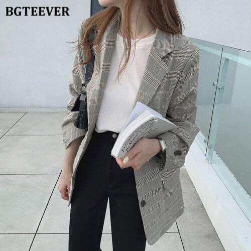 BGTEEVER Retro Notched Collar Women Plaid Blazer Jacket Full Sleeve Single-breasted Pockets Casual Female Suit Coats 2021