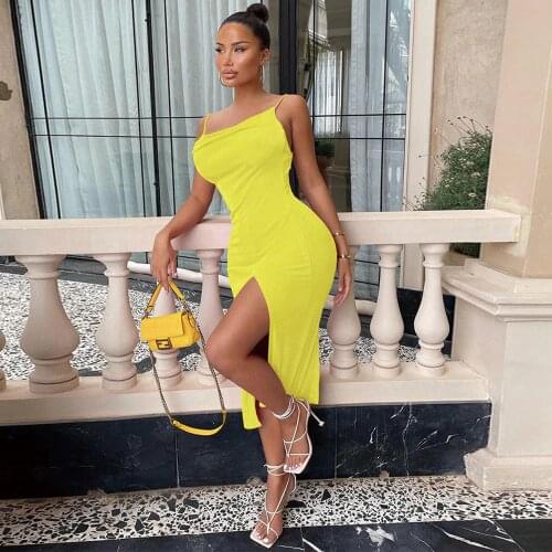 Spaghetti Strap Side High Split Bodycon Dress Women Wrap Chest Sleeveless Clubwear Dress Office Lady Elegant Backless Vestidos