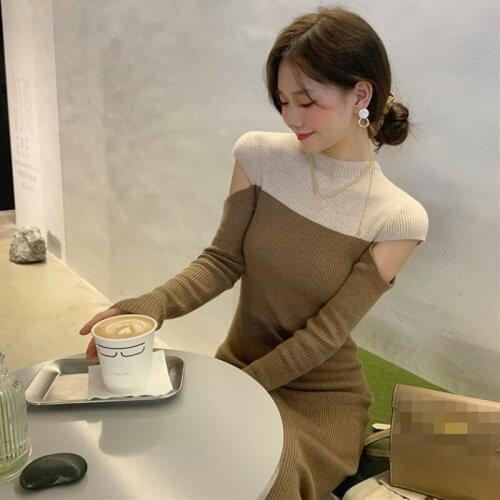 French Style Vintage Knitted Dress Womens Stitching Long-Sleeved Turtleneck Sweater Bodycon Dress Korean Clothing