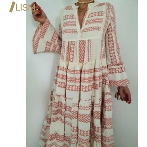 Geometric Printing Harajuku Dress Summer Sexy V-neck Button Dress Women Casual Ankle-Length Wrist Sleeve Vintage Woman Dress