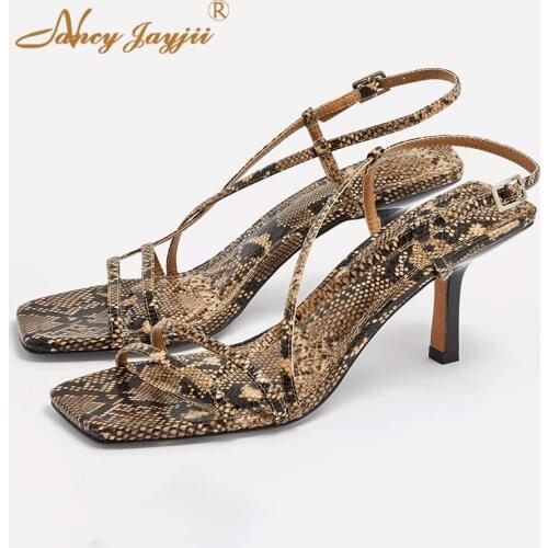 Snakeskin Print Stilettos High Thin Heels Buckle Slim Strap Square Toe Quilted Ladies Summer Small Size 33 36 Woman Shoes Mature