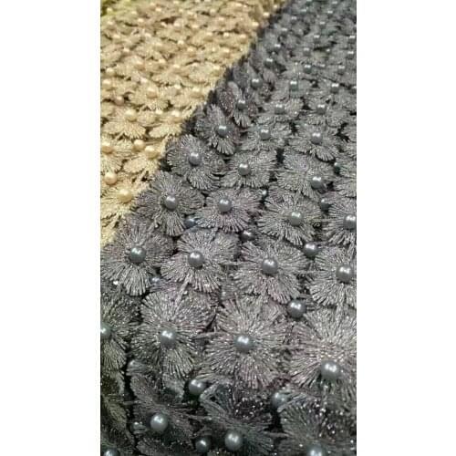 Gold beaded french lace fabric African sewing lace classic and unique 5 yards high quality Hot Sale