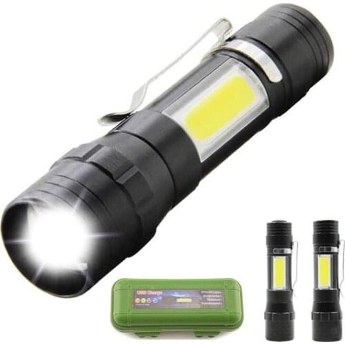 2 LED Flashlight Mini clip small Torches zoom flash light side light lamp for Camping USB AA battery reading night Lighting p1