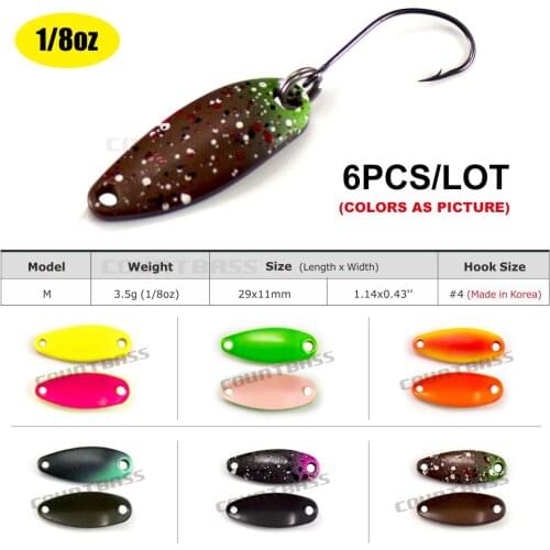 6PCS Countbass Micro Fishing Spoon With Korean Single Hook, Size 3/32oz 1/8oz Freshwater Trout Salmon Pike Bass Fishing Lures